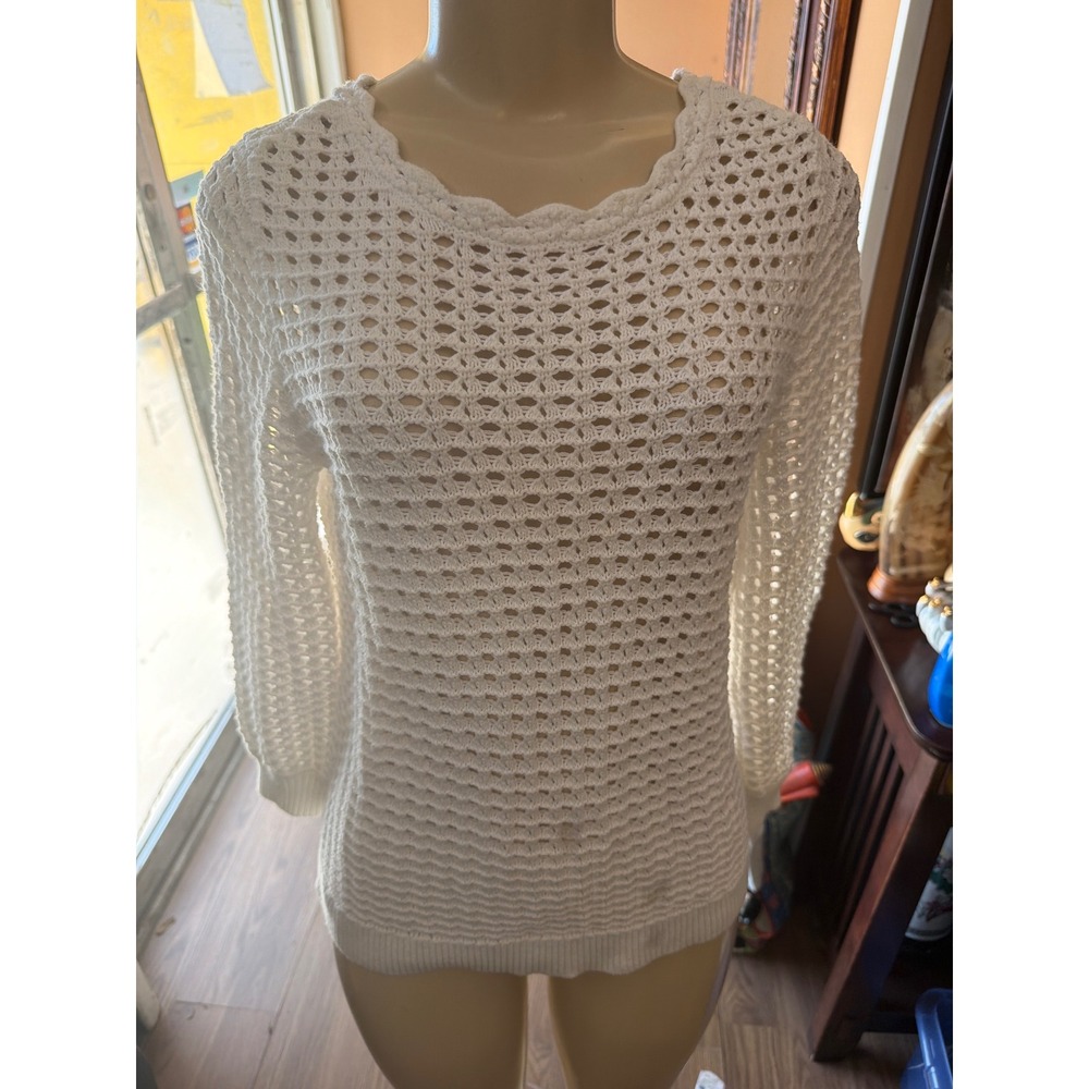 LOFT Petites White Open Knit‎ Crochet Pointelle Sweater Crew Neck Size SP